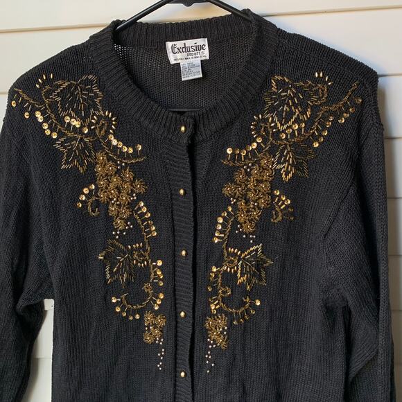 Vintage Gold Beaded and Sequin Black Cardigan Knit Sweater Women's Medium - Picture 2 of 11